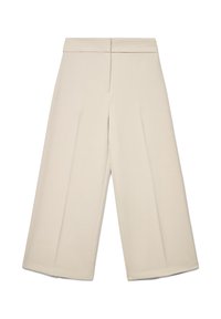 Beige Hosen mit weitem Bein und glatter Textur, ausgestattet mit Vorderfalten und einem sauberen, strukturierten Bund. Keine sichtbaren Taschen oder Beschläge.