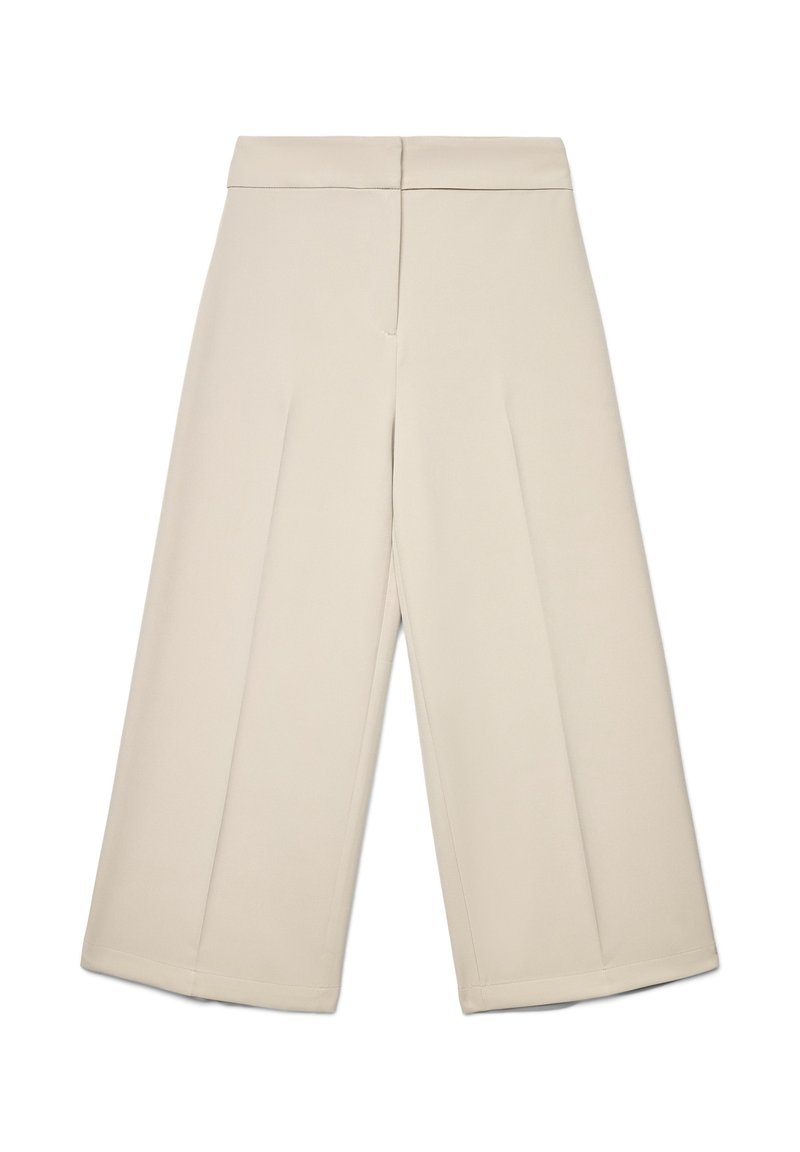 Beige Hosen mit weitem Bein und glatter Textur, ausgestattet mit Vorderfalten und einem sauberen, strukturierten Bund. Keine sichtbaren Taschen oder Beschläge.