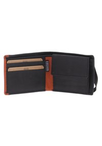 Billetera negra con un exterior liso y un interior texturizado naranja, que cuenta con compartimentos para tarjetas y un compartimento para efectivo.