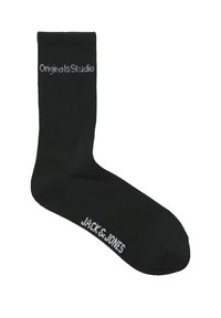 Zwarte crew sok met "Originals Studio" op de boord en "JACK & JONES" in witte tekst nabij de teen gedrukt.