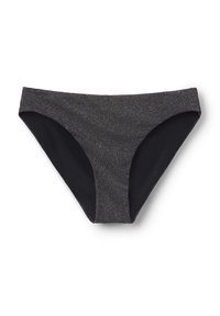 Černé bikini spodní části s lesklou, texturovanou šedou látkou na přední straně a hladkým černým podšívkovým materiálem. Nízký střih se středním zakrytím.