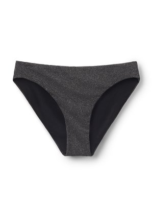 Czarny dół bikini z błyszczącego, teksturowanego szarego materiału z przodu i gładką czarną podszewką wewnętrzną. Niska talia z umiarkowanym przykryciem.