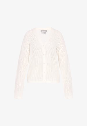 Cardigan alb tricotat, cu decolteu în V, mâneci lungi, nasturi în față și design texturat cu țesătură deschisă. Finalizat cu manșete și tiv striate.