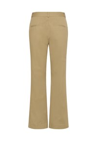 Pantalon kaki coupe droite avec passants pour ceinture et deux poches passepoilées à l'arrière, présenté de dos sur fond blanc.