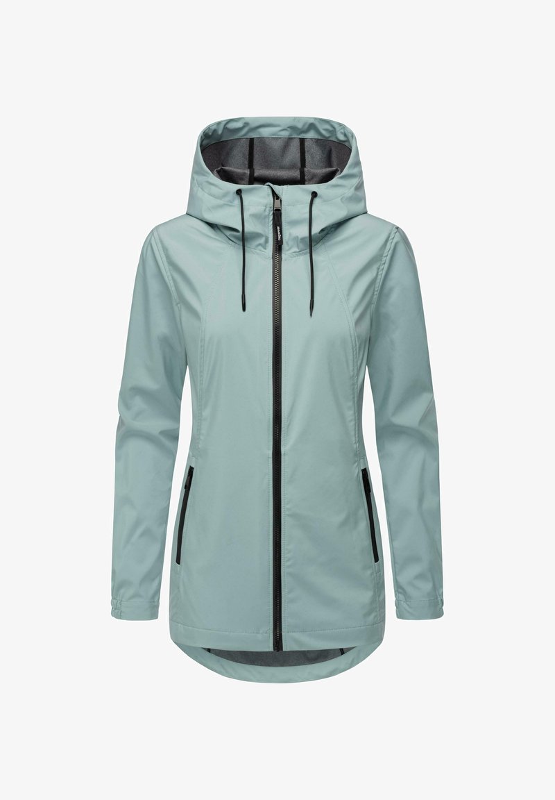 Šviesiai mėlyna vandeniui atspari striukė su kapuce, turinti užtrauktuko priekinę dalį, dvi šonines kišenes ir juodus akcentus palei užtrauktuką ir kišenes.