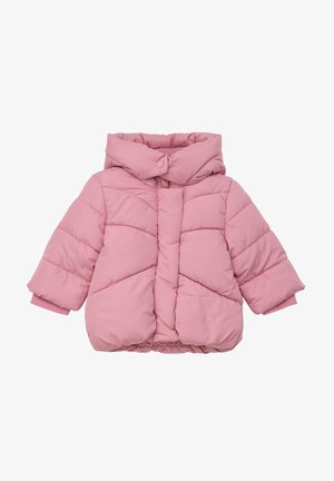 Puffige rosa Jacke mit Kapuze, mit diagonaler Naht und elastischen Bündchen. Hergestellt aus gestepptem Synthetikgewebe.