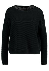 Svart stickad tröja med horisontell ribbad textur, lös passform, rund halsringning och långa ärmar. Mångsidig design som är lämplig för lager-på-lager.