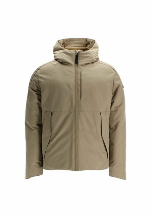Giubbotto imbottito color khaki con cappuccio, chiusura frontale con cerniera e due tasche laterali, dal finish liscio e design minimalista.