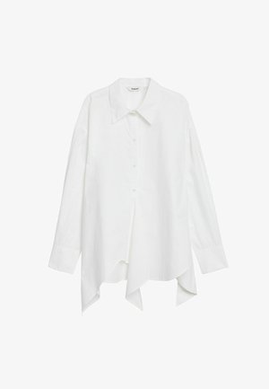 Weißes Langarmhemd mit geknöpftem Vorderteil, spitzem Kragen und asymmetrischem Saum. Hergestellt aus leichtem, strukturiertem Stoff.