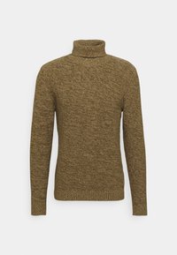 Pull en tricot marron à col roulé avec manches longues et col, poignets et ourlet côtelés, présenté sur un fond blanc.