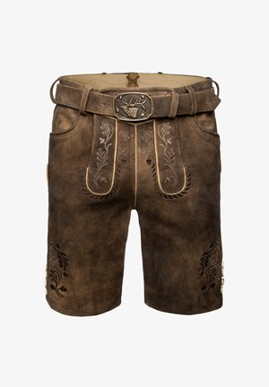 Ruske nahkashortsit, joissa on koristeellinen brodeeraus ja koristeellinen solki, jossa on peuran kuvasto. Sisältää sivutaskut ja nappikoristeet.