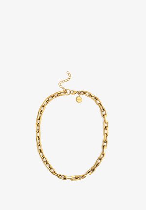 Collar de eslabones en tono dorado con eslabones grandes y redondeados. Cuenta con cierre de langosta y cadena extensible ajustable para mayor versatilidad en el tamaño.