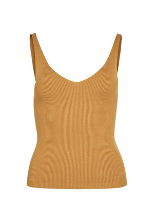 Débardeur en maille côtelée sans manches couleur camel avec un col en V profond et une silhouette ajustée.