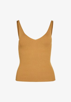 Débardeur en maille côtelée sans manches couleur camel avec un col en V profond et une silhouette ajustée.