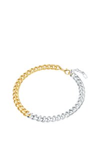 Pulsera de cadena de oro y plata con eslabones entrelazados. Textura suave; cierre de langosta para un fastening seguro. Elegante diseño bicolor.