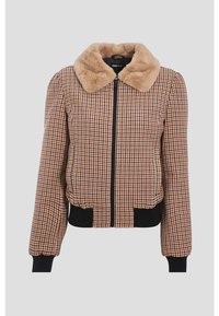 Rutigt bomberjacka i brunt, svart och beige med krage av konstpäls, ribbade ärmslut och nederkant, med frontdragkedja.