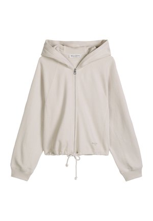 Jasnobeżowa bluza z kapturem na zamek błyskawiczny, z długimi rękawami, ściągaczem na dole i prążkowanymi mankietami, oznaczona marką Marc O'Polo.
