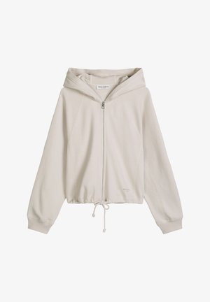 Jasnobeżowa bluza z kapturem na zamek błyskawiczny, z długimi rękawami, ściągaczem na dole i prążkowanymi mankietami, oznaczona marką Marc O'Polo.