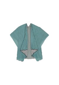 Teal herringbone-kuvioinen huivi, jossa on harmaa sisäosa, V-mallinen kaula-aukko ja fringed reunat, valmistettu pehmeästä, teksturoidusta kankaasta.