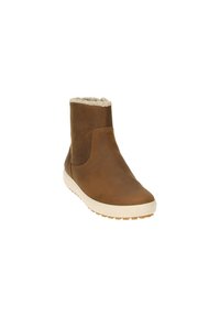 Bottines en cuir marron avec une doublure en fausse fourrure et une semelle extérieure crème. Elles présentent un bout arrondi et un design minimaliste sans quincaillerie visible.