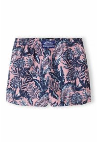 Roze kupaće pantalone s cjelovitim mornarsko plavim uzorkom lišća, elastičnim pojasom, i oznakom s brandingom "MINOTT Surf Team". Glatka tekstura.