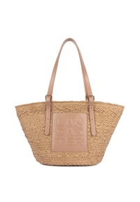 Sac cabas en paille tressée avec deux bretelles d'épaule en cuir beige et une pièce de cuir assortie embossée du mot "Lancaster" sur le devant.