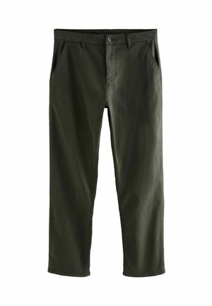 Tamsiai žali medvilniniai kelnių su tiesiomis kojomis dizainu, turintys priekinės kišenes ir mygtuko uždarymą. Lygus paviršius, minimalūs akcentai.