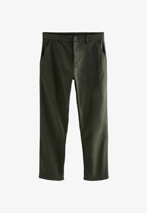 Dunkelgrüne Baumwollhosen mit geradem Bein, ausgestattet mit Fronttaschen und einem Knopfverschluss. Glatte Textur, minimale Akzente.