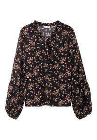 Blouse noire à fleurs fabriquée en tissu transparent, avec de longues manches bouffantes, un col rond et un nœud à l'avant avec de petits détails de poche.