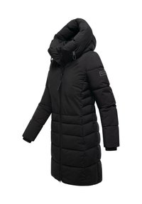 Black long padded winter coat with high collar, front zipper, side pockets, and brand patch on left sleeve.