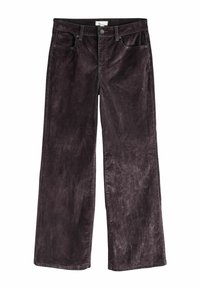 Platas kājas bikses tumši violetā kordūrā, ar pogu aizdari, piecām kabatām un gludu tekstūru ar vieglu spīdumu.