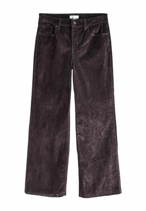 Hellebeinformige Hose aus dunkelviolettem Cord mit Knopfverschluss, fünf Taschen und einer glatten Textur mit subtiler Sheen.