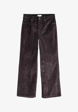 Szerokie spodnie w ciemnofioletowym korduroju, z zapięciem na guzik, pięcioma kieszeniami oraz gładką teksturą o subtelnym połysku.