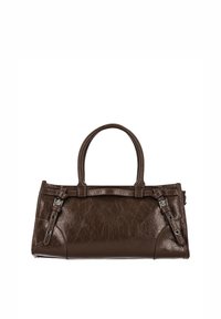 Borsa a mano in pelle marrone con forma strutturata, manici corti e cinghie laterali decorative con dettagli in metallo argentato.