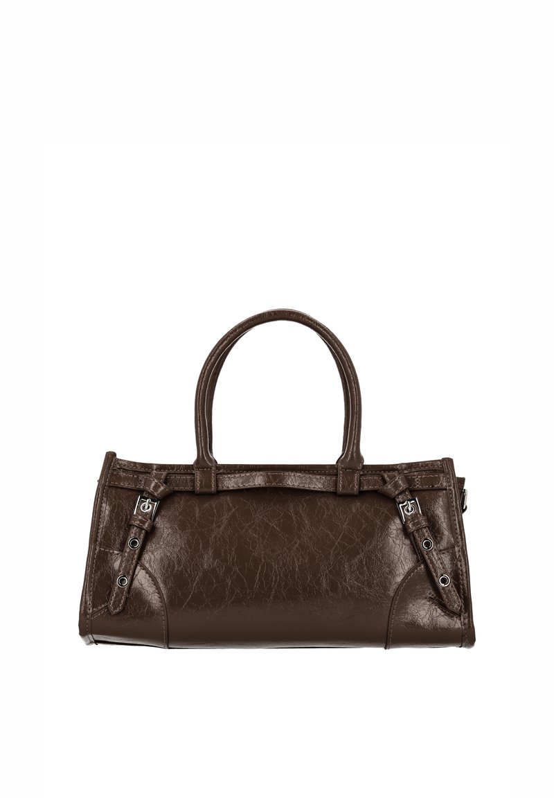 Borsa a mano in pelle marrone con forma strutturata, manici corti e cinghie laterali decorative con dettagli in metallo argentato.