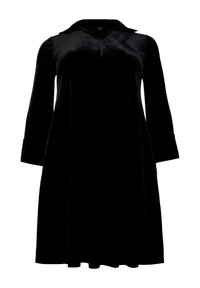 Robe en velours noir avec un décolleté en V, des manches longues et une coupe décontractée. Elle présente un col et des poches latérales pour plus de fonctionnalité.