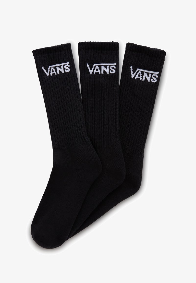 Zwarte Vans sokken, drie-pack, met ribbelstructuur, versterkte enkel en tenen, met het witte Vans-logo gedrukt nabij de bovenkant.