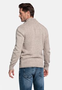 Beige gebreide trui met een geribbelde kraag en manchetten, met een textuurpatroon. Draag het met blauwe jeans, gezien van achteren.