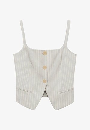 Prugasti skraćeni top s tankim naramenicama, svijetlosiva tkanina, četiri dugmeta za zatvaranje, dva prednja džepa i kroj koji naglašava figuru.