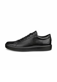 Schwarzer Ledersneaker mit runder Zehenform, Schnürung vorne und strukturiertem Gummisohle. Verfügt über eine glatte Oberfläche und ein minimalistisches Design.