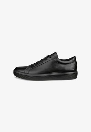 Czarne skórzane sneakersy z zaokrąglonym noskiem, sznurowanym przodem i teksturowaną gumową podeszwą. Posiadają gładkie wykończenie i minimalistyczny design.