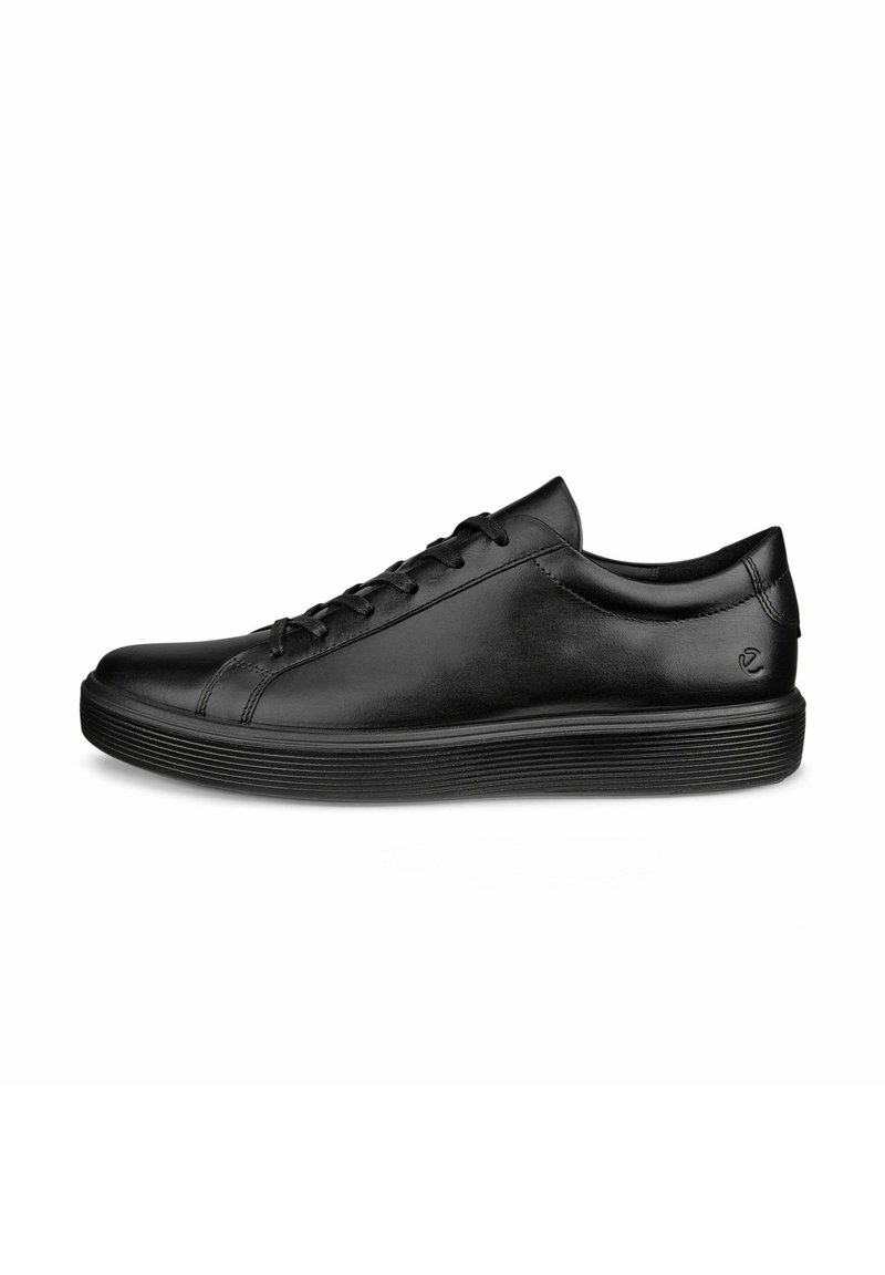 Schwarzer Ledersneaker mit runder Zehenform, Schnürung vorne und strukturiertem Gummisohle. Verfügt über eine glatte Oberfläche und ein minimalistisches Design.