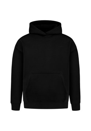 Felpa nera con cappuccio, tasca a marsupio frontale e polsini e orlo a coste, mostrata su uno sfondo bianco uniforme.