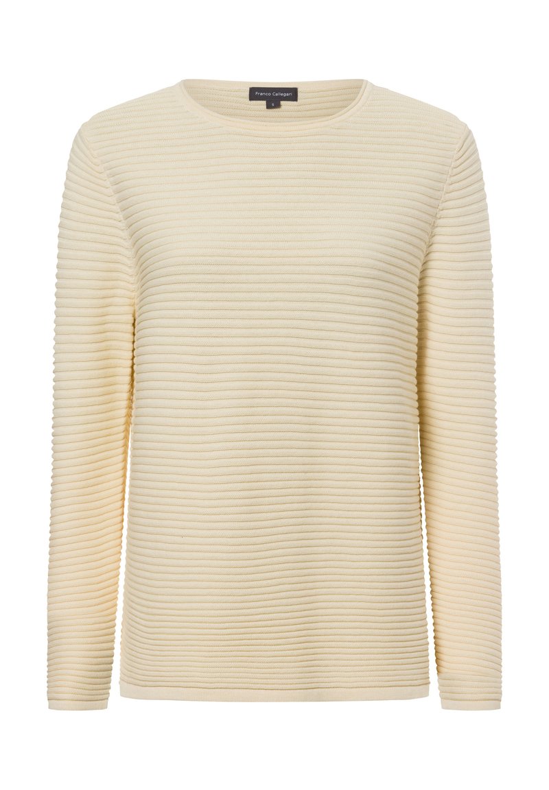Cremfarbener Langarmoberteil mit gerippter Textur, Rundhalsausschnitt und geradem Schnitt. Hergestellt aus einem weichen, gewebten Stoff.