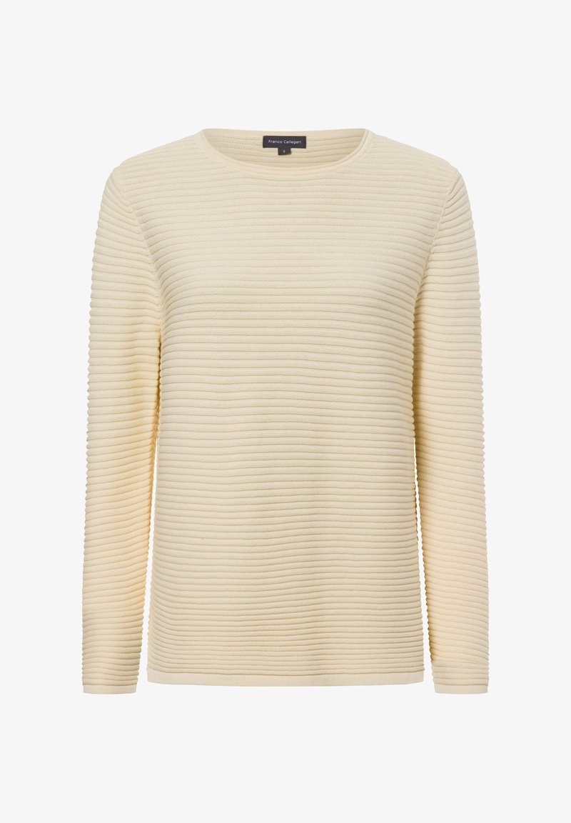 Cremfarbener Langarmoberteil mit gerippter Textur, Rundhalsausschnitt und geradem Schnitt. Hergestellt aus einem weichen, gewebten Stoff.