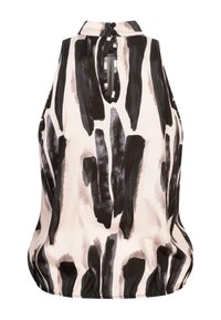 Blouse sans manches à col haut avec un motif abstrait de coups de pinceau noirs sur tissu blanc, dotée d'une fermeture à boutons au dos et d'une ouverture en forme de trou de serrure.