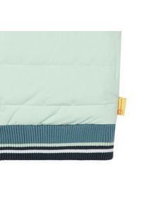 Giacca puffer verde menta chiaro con polsini a coste color blu scuro, caratterizzata da strisce bianche e verde chiaro, e un'etichetta gialla con il marchio sul lato.