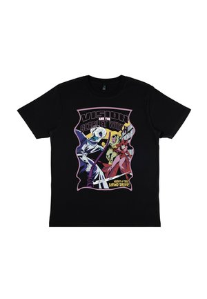 Sort t-shirt med tegneseriestil-grafik af Vision og Scarlet Witch i aktion og teksten "Night of the Living Druid!"