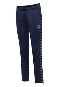 Marineblauwe sportbroek van een glanzende stof, met een zwart chevronpatroon aan de zijkanten en een elastische tailleband voor comfort.