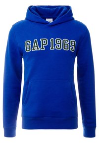 Sudadera de algodón azul con bolsillo tipo canguro, puños de canalé y "GAP 1969" bordado en blanco y verde en el frontal.